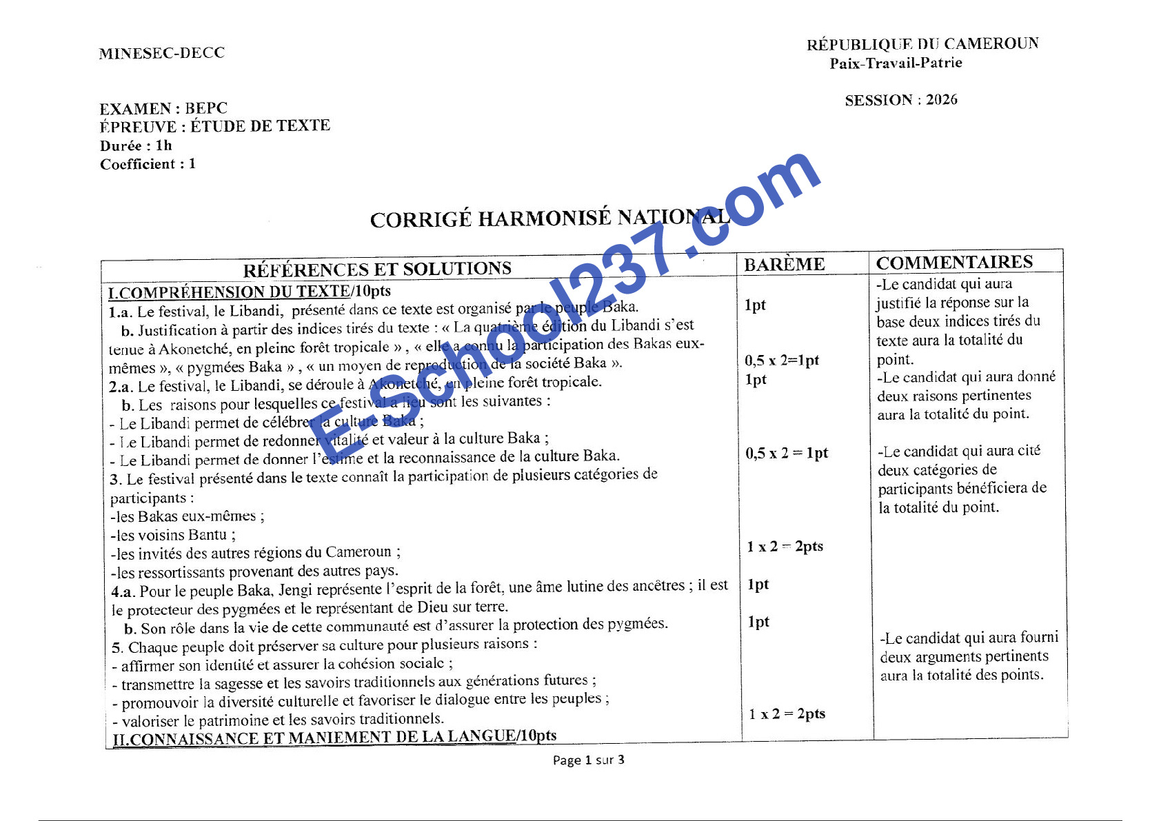 Corrigé Harmonisé National Étude de texte BEPC 2026.